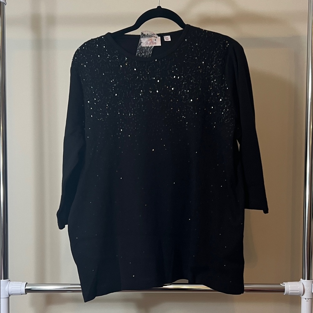 Quacker Factory Black Sequin Long Sleeve Top